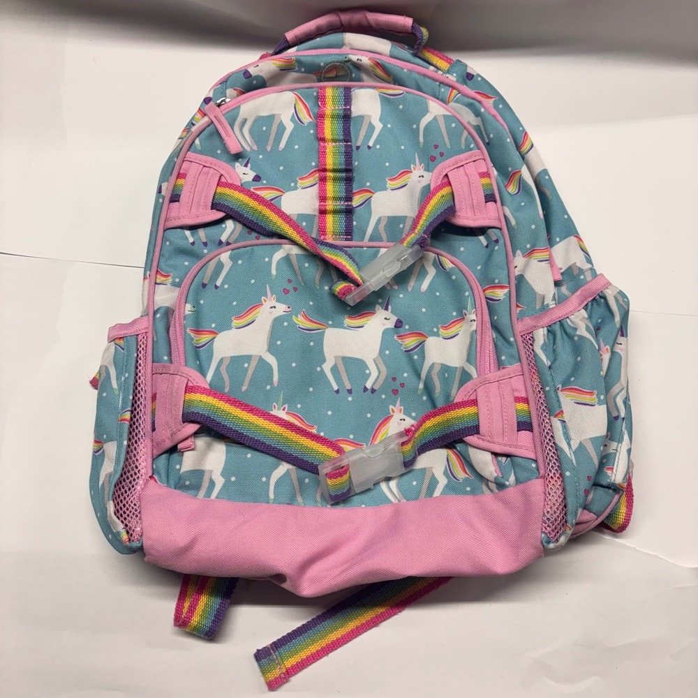 Kids Light Blue Unicorn Print Backpack with Rainbow Straps and Chest Buckle